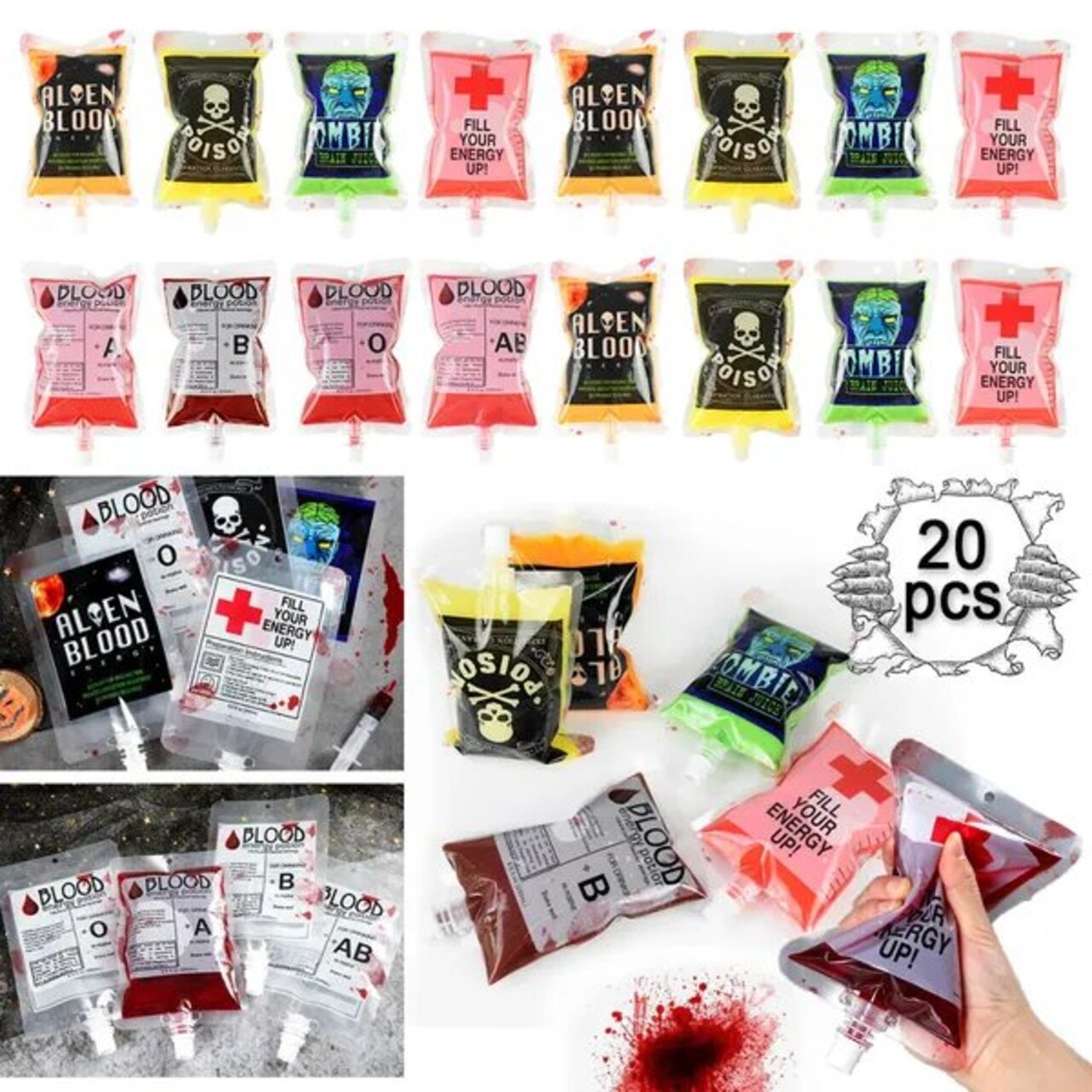 20PCS Blood Drink Bags – Reusable Leakproof Halloween Drink Pouches for Juice, Smoothies & Party Beverages